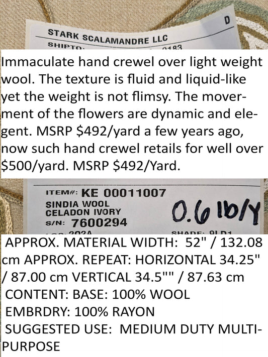 Scalamandre Sindia Wool Celadon Ivory Beige Floral Botanical Embroidery MSRP USD 492/y