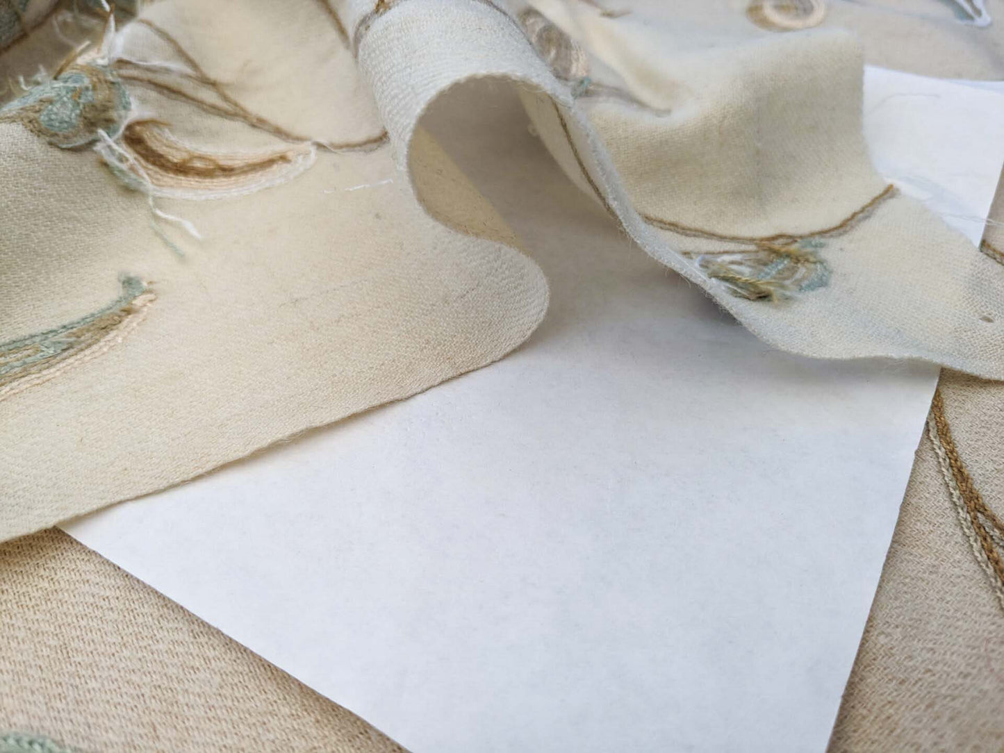 Scalamandre Sindia Wool Celadon Ivory Beige Floral Botanical Embroidery MSRP USD 492/y