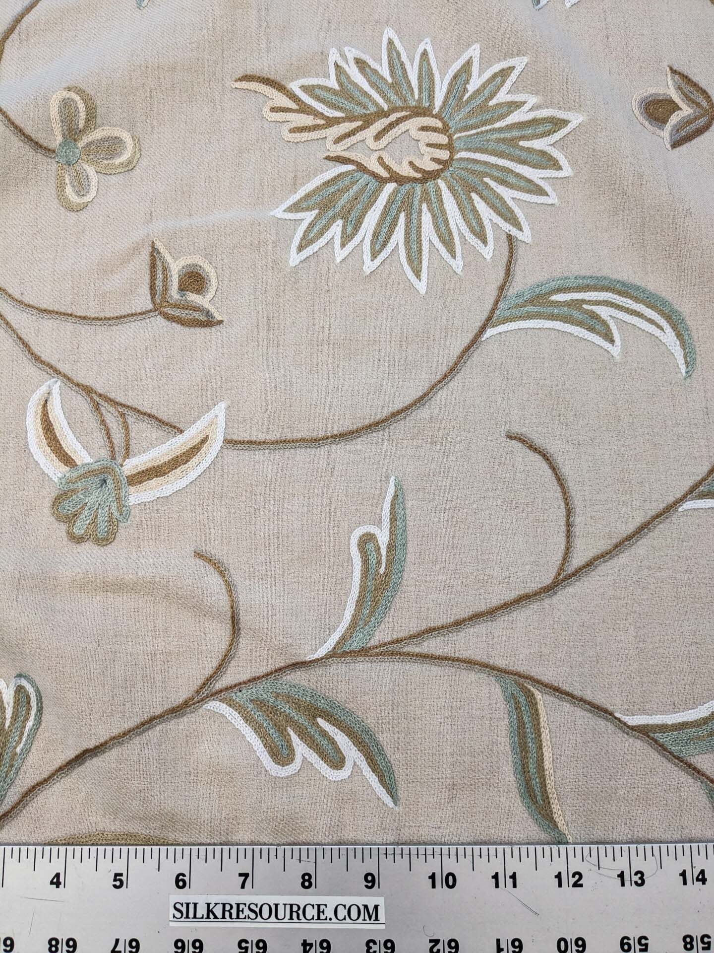 Scalamandre Sindia Wool Celadon Ivory Beige Floral Botanical Embroidery MSRP USD 492/y