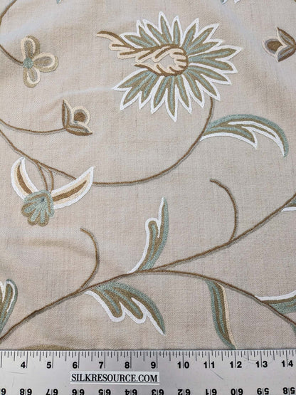 Scalamandre Sindia Wool Celadon Ivory Beige Floral Botanical Embroidery MSRP USD 492/y
