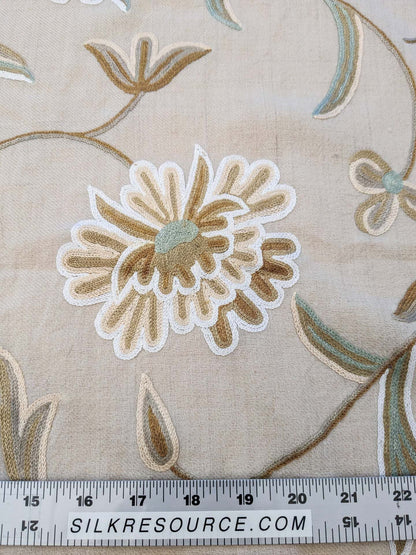 Scalamandre Sindia Wool Celadon Ivory Beige Floral Botanical Embroidery MSRP USD 492/y