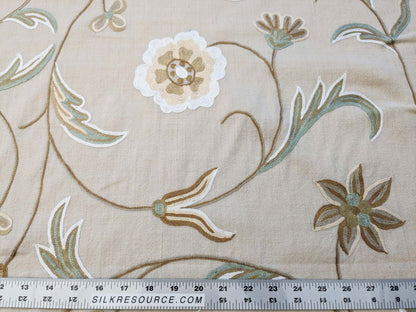 Scalamandre Sindia Wool Celadon Ivory Beige Floral Botanical Embroidery MSRP USD 492/y