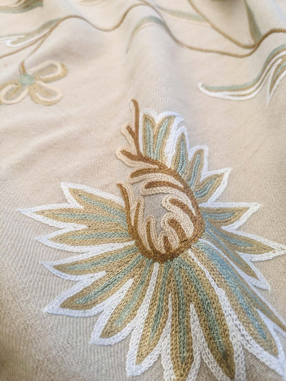 Scalamandre Sindia Wool Celadon Ivory Beige Floral Botanical Embroidery MSRP USD 492/y