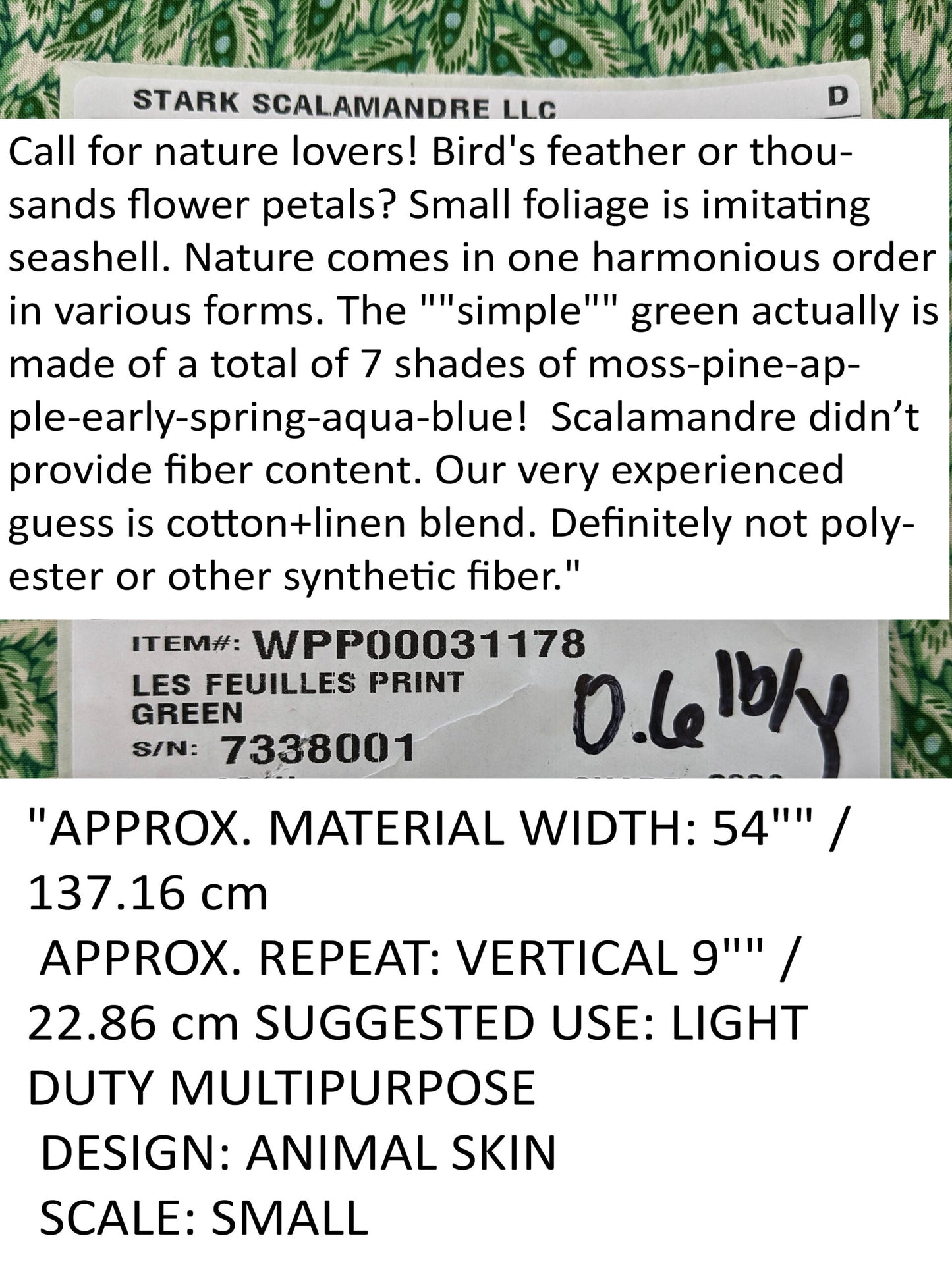 Scalamandre Les Feuilles Print Green Animal Skin Bird Feather MSRP USD 200+/y