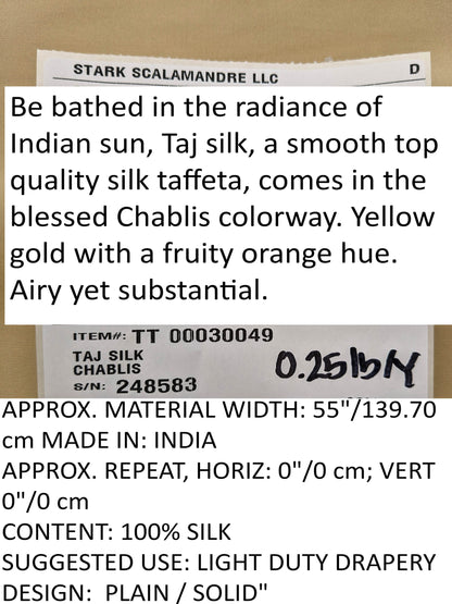 Scalamandre Taj Silk Chablis Plain Solid Gold Silk Taffeta Butter Yellow w Frost MSRP USD 200+/y
