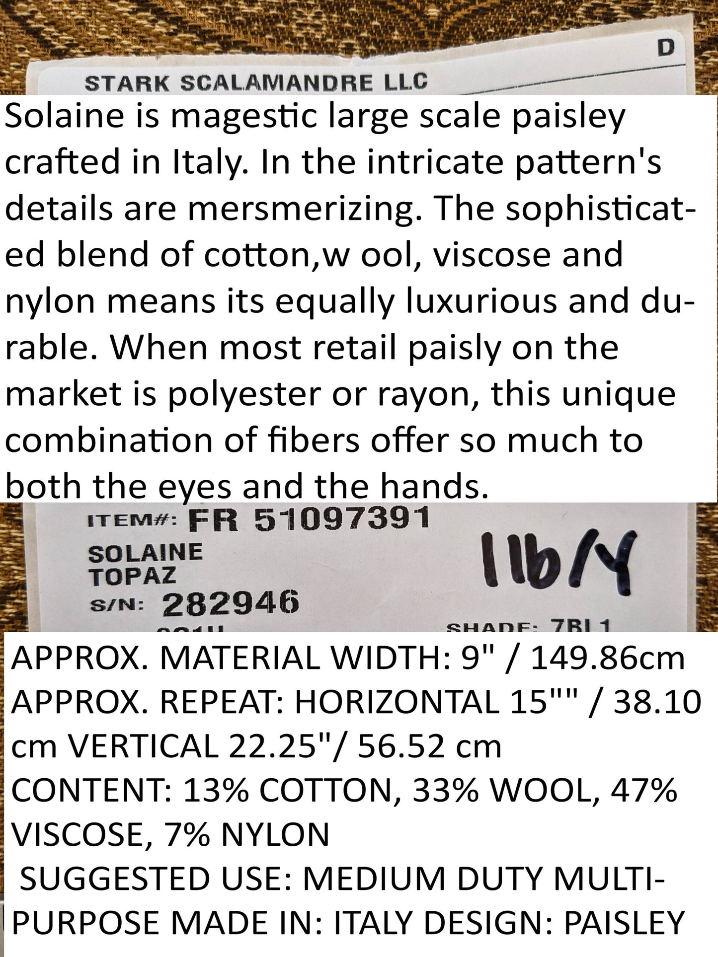 Scalamandre Solaine Topaz Brown Paisley Medallion MSRP USD 184/y
