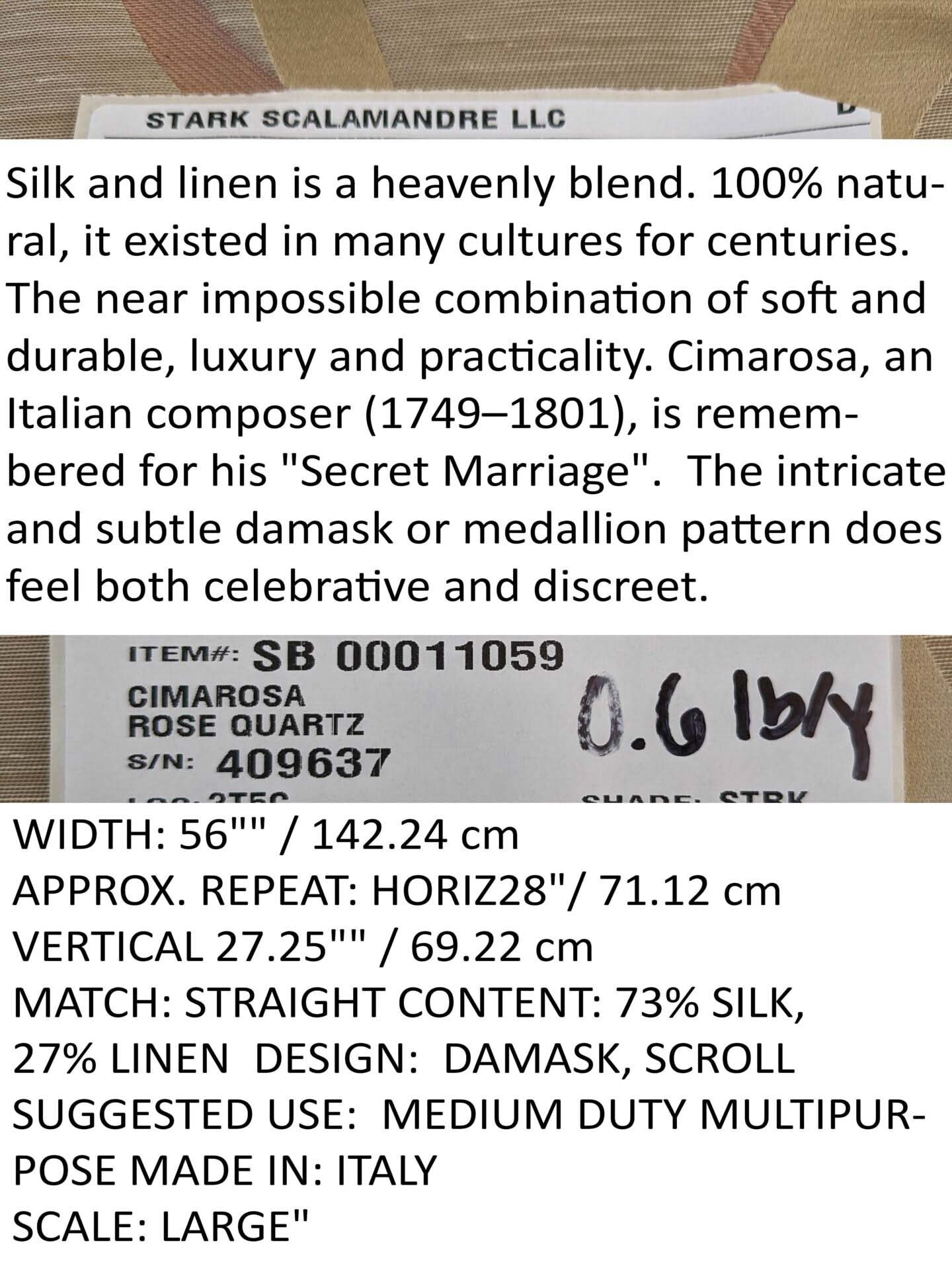 Scalamandre Cimarosa Rose Quartz Pink Gold Brown Damask Scroll Medallion MSRP USD 1,114/y