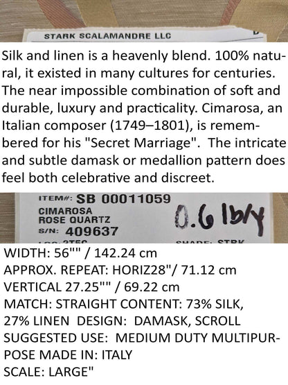 Scalamandre Cimarosa Rose Quartz Pink Gold Brown Damask Scroll Medallion MSRP USD 1,114/y