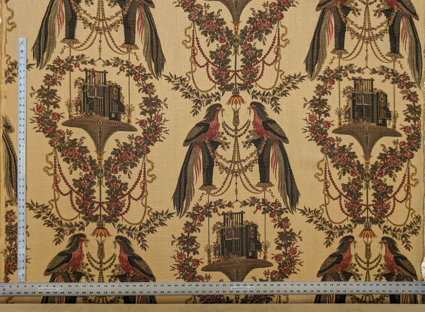 By VR Scalamandre Jute Fabric Rose Brown Red Green Historical Birds Floral MSRP USD 300+/y