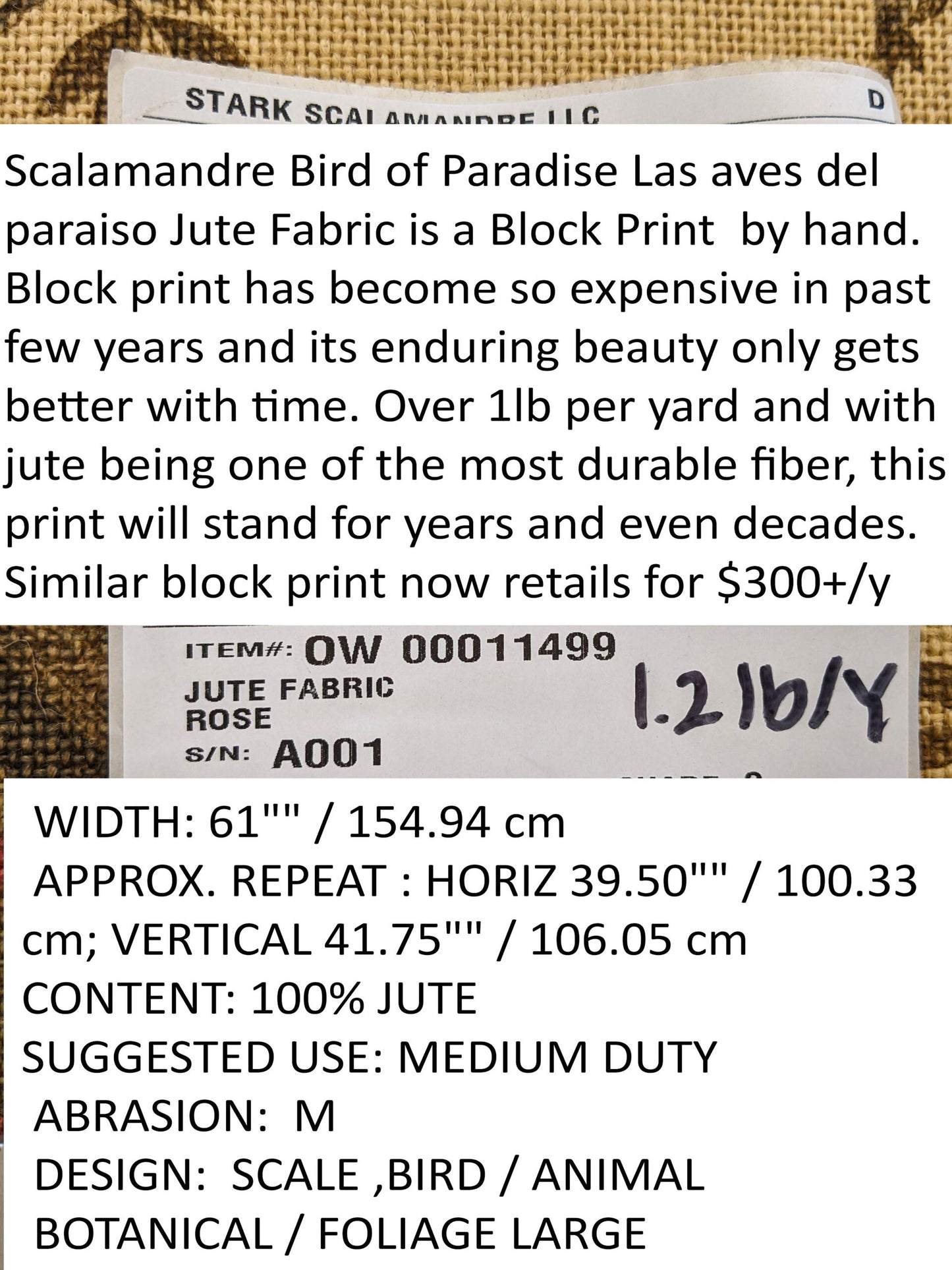 By VR Scalamandre Jute Fabric Rose Brown Red Green Historical Birds Floral MSRP USD 300+/y