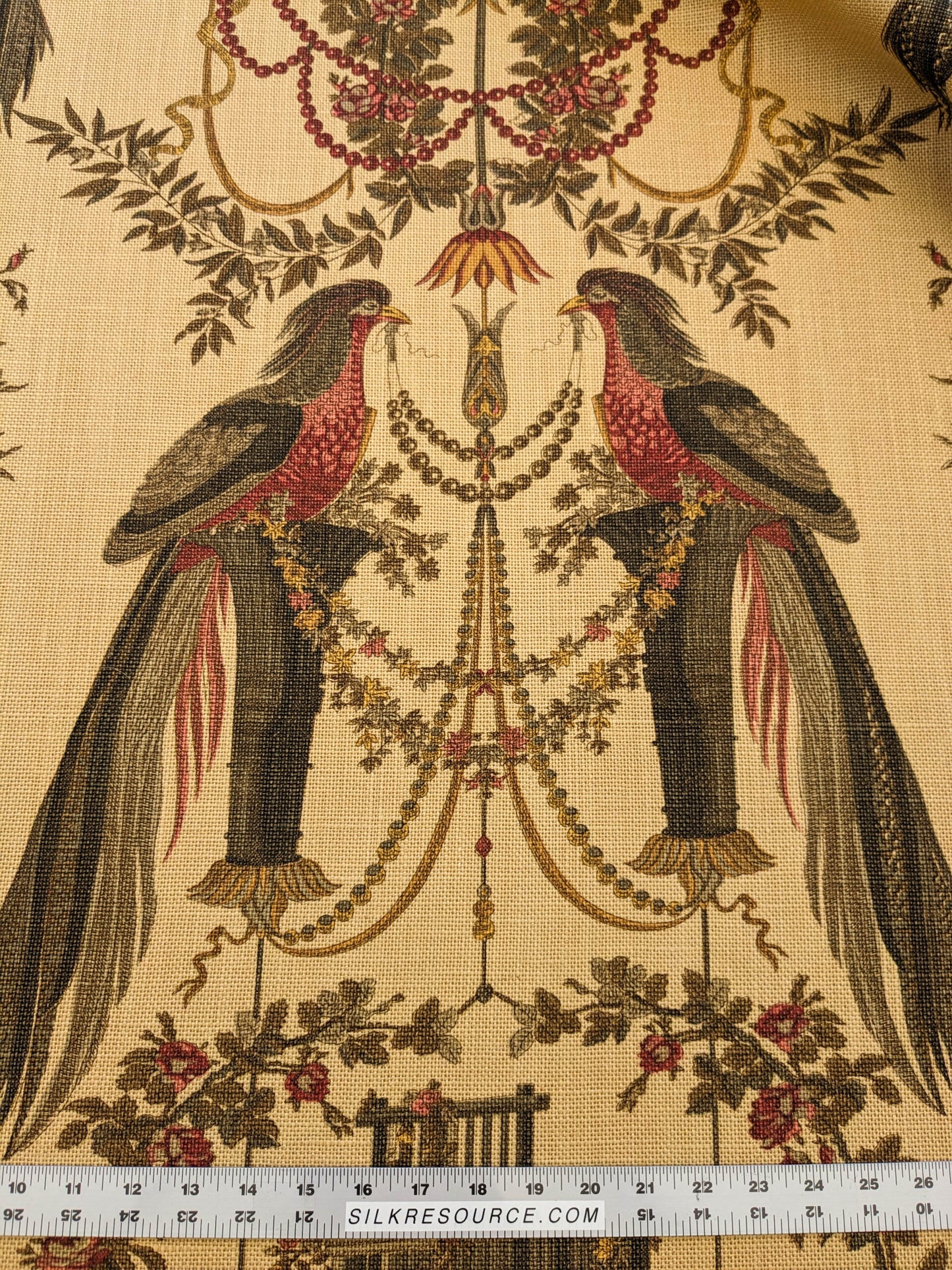 By VR Scalamandre Jute Fabric Rose Brown Red Green Historical Birds Floral MSRP USD 300+/y