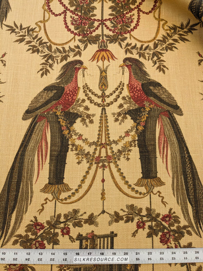 By VR Scalamandre Jute Fabric Rose Brown Red Green Historical Birds Floral MSRP USD 300+/y
