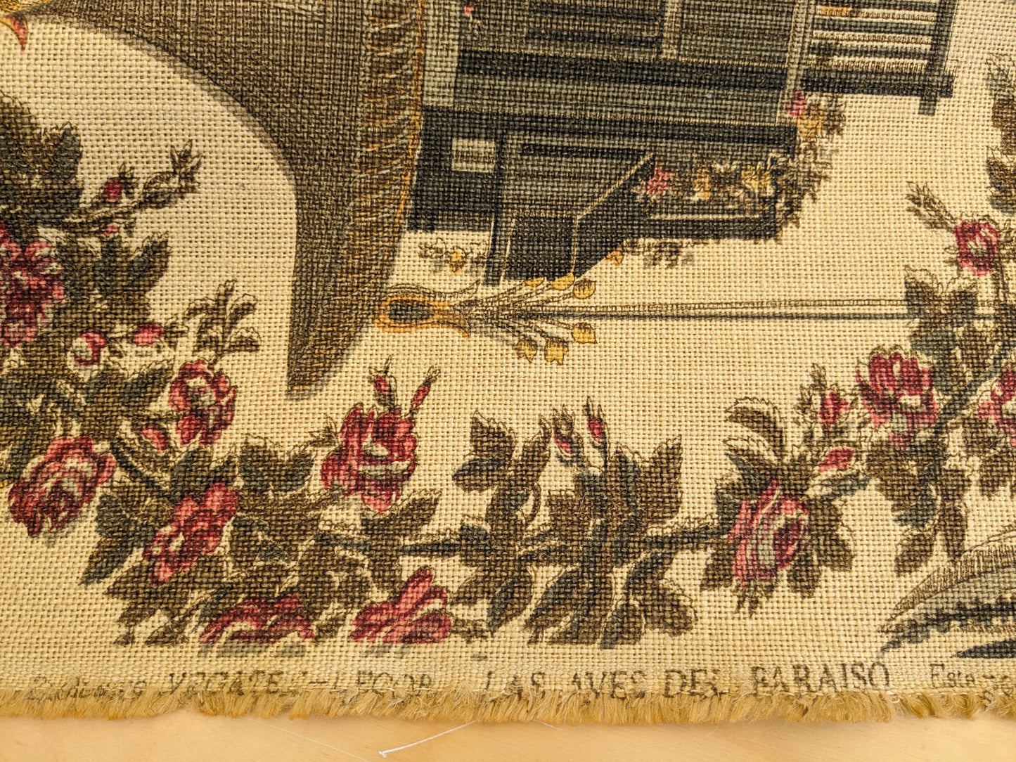 By VR Scalamandre Jute Fabric Rose Brown Red Green Historical Birds Floral MSRP USD 300+/y