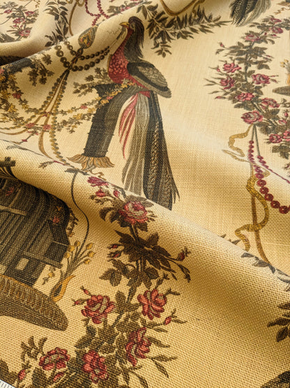 By VR Scalamandre Jute Fabric Rose Brown Red Green Historical Birds Floral MSRP USD 300+/y