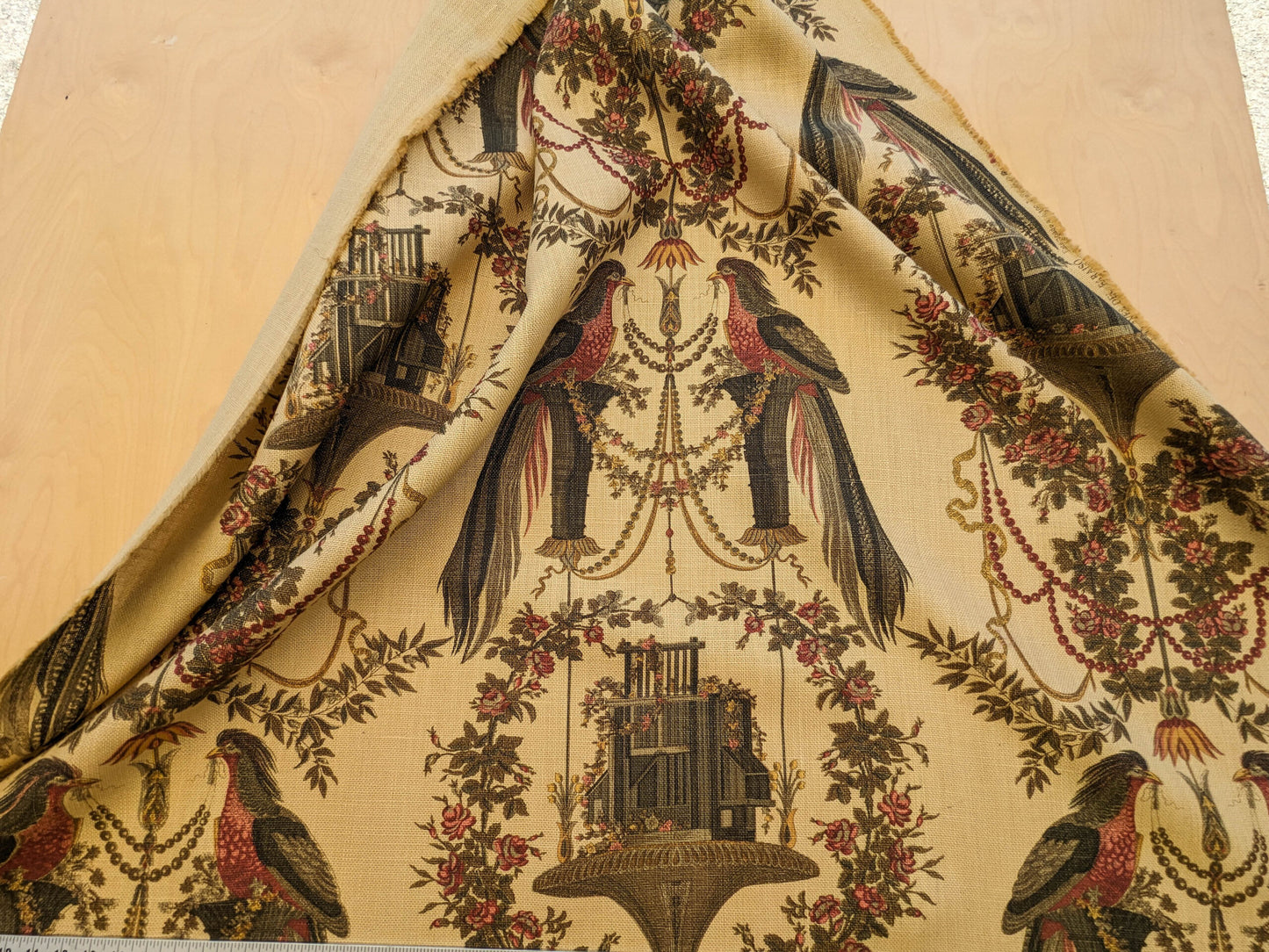 By VR Scalamandre Jute Fabric Rose Brown Red Green Historical Birds Floral MSRP USD 300+/y