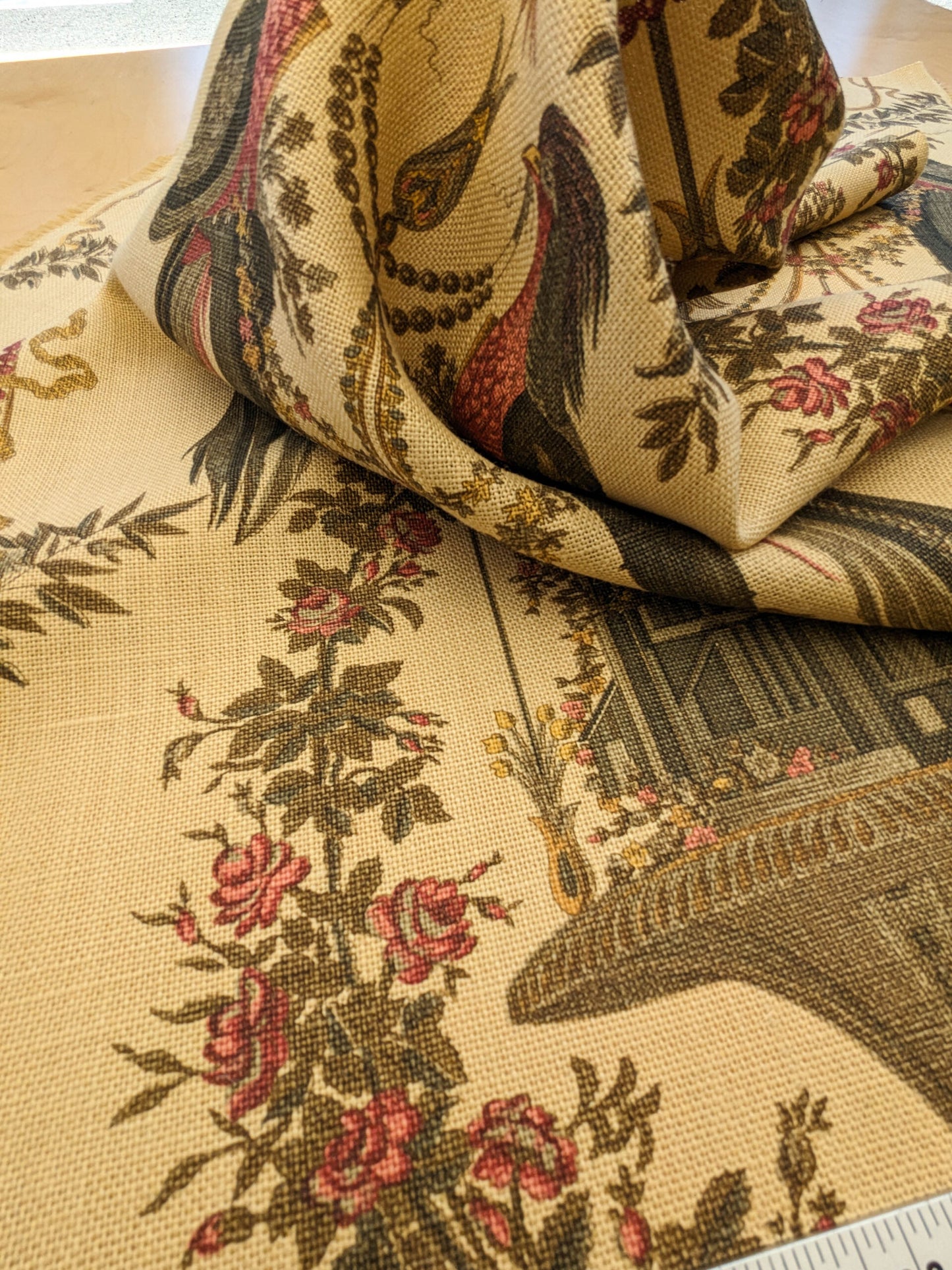 By VR Scalamandre Jute Fabric Rose Brown Red Green Historical Birds Floral MSRP USD 300+/y