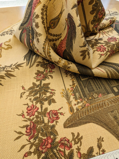 By VR Scalamandre Jute Fabric Rose Brown Red Green Historical Birds Floral MSRP USD 300+/y
