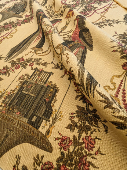 By VR Scalamandre Jute Fabric Rose Brown Red Green Historical Birds Floral MSRP USD 300+/y