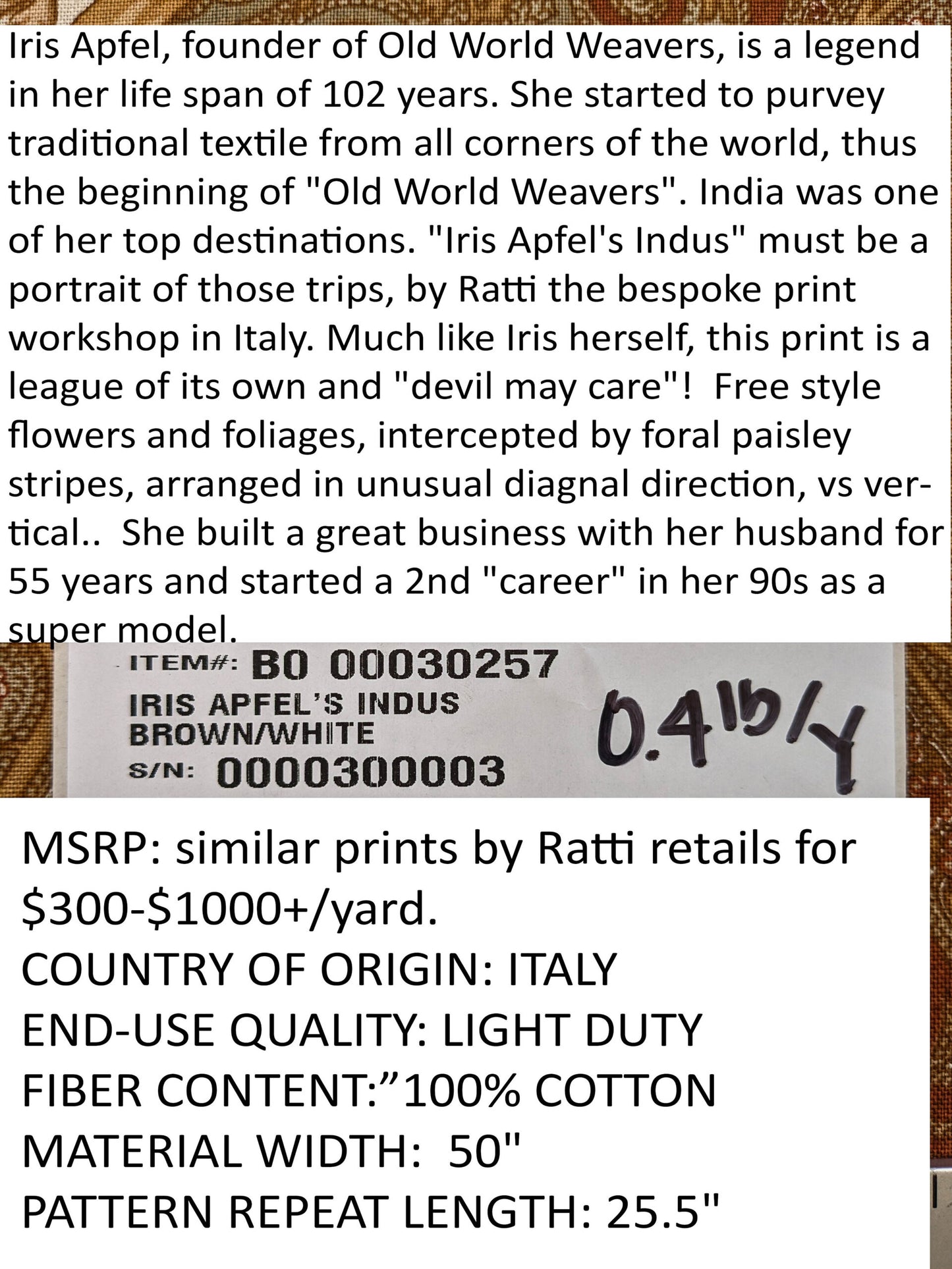 Scalamandre Iris Apfel's Indus Brown/White Floral Medallion Stripe MSRP USD 320/y