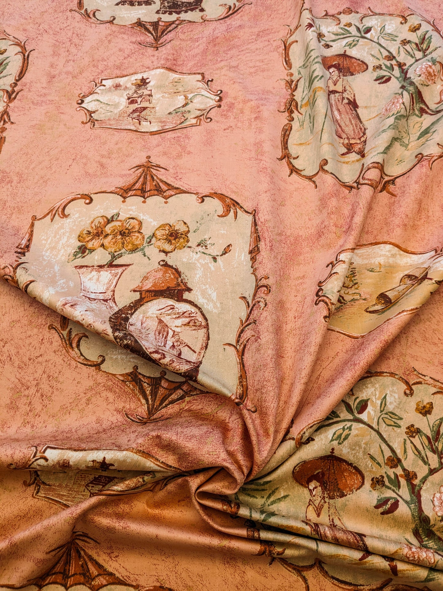 Scalamandre Cotteen Chinois Spice Pink Red Chinoiserie Birds Teahouse Toile Scenic MSRP USD 200+/y