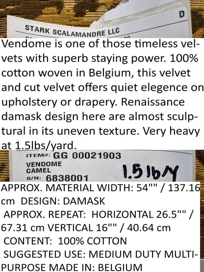 Scalamandre Vendome Camel Brown Cut Velvet Brown Gold Florentine Renaissance Damask MSRP USD292/y