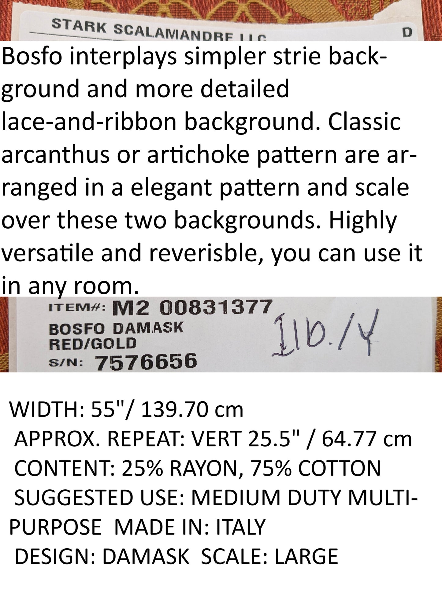 Scalamandre Bosfo Damask Red/ Gold Cotton Strie Damask Rose Greek Urn Medallion MSRP USD 284/y