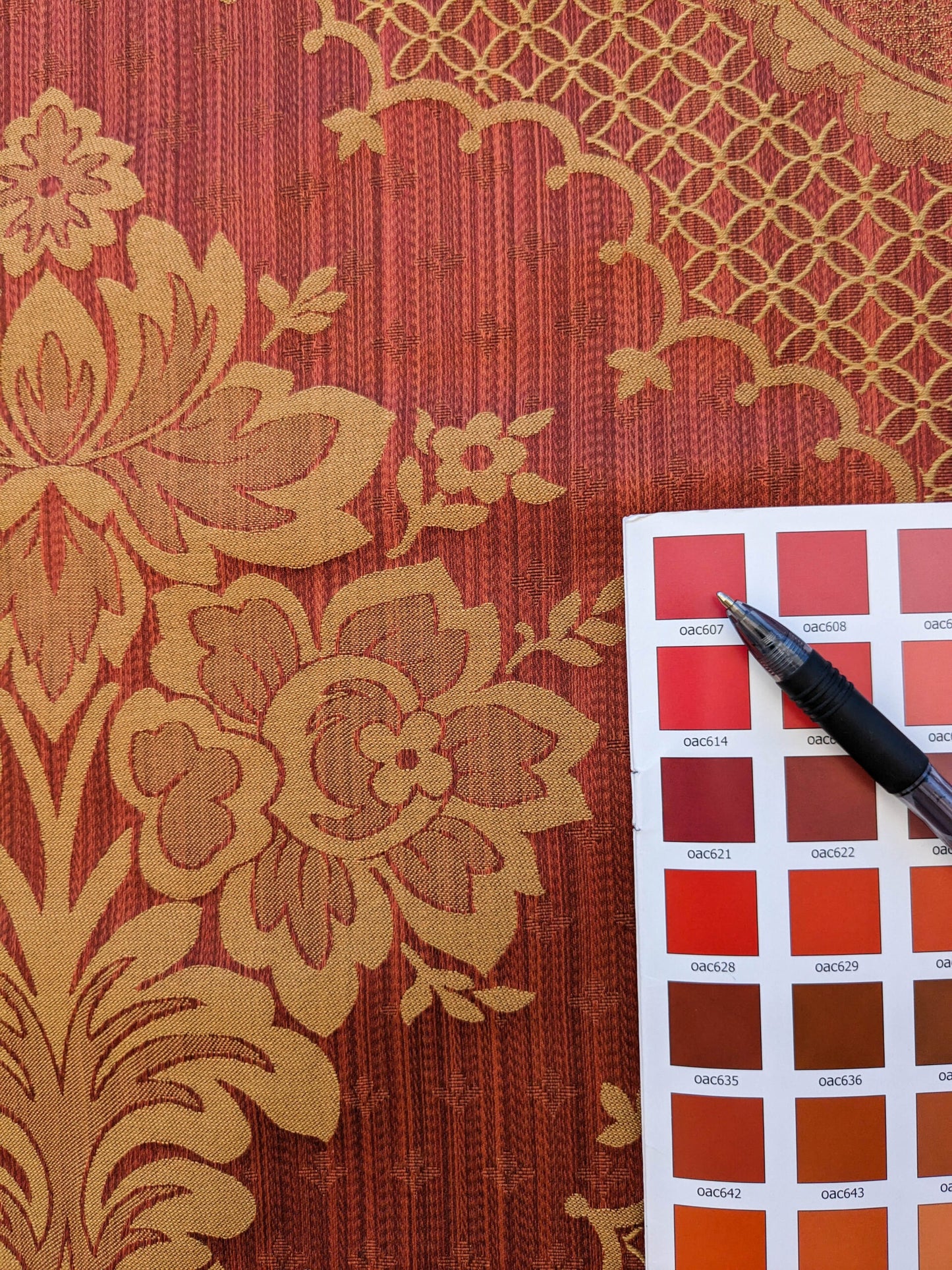 Scalamandre Bosfo Damask Red/ Gold Cotton Strie Damask Rose Greek Urn Medallion MSRP USD 284/y