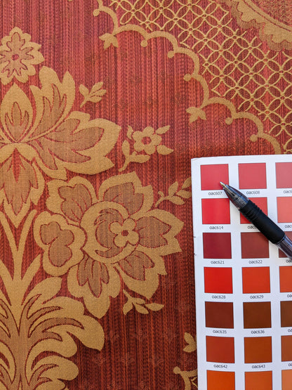 Scalamandre Bosfo Damask Red/ Gold Cotton Strie Damask Rose Greek Urn Medallion MSRP USD 284/y