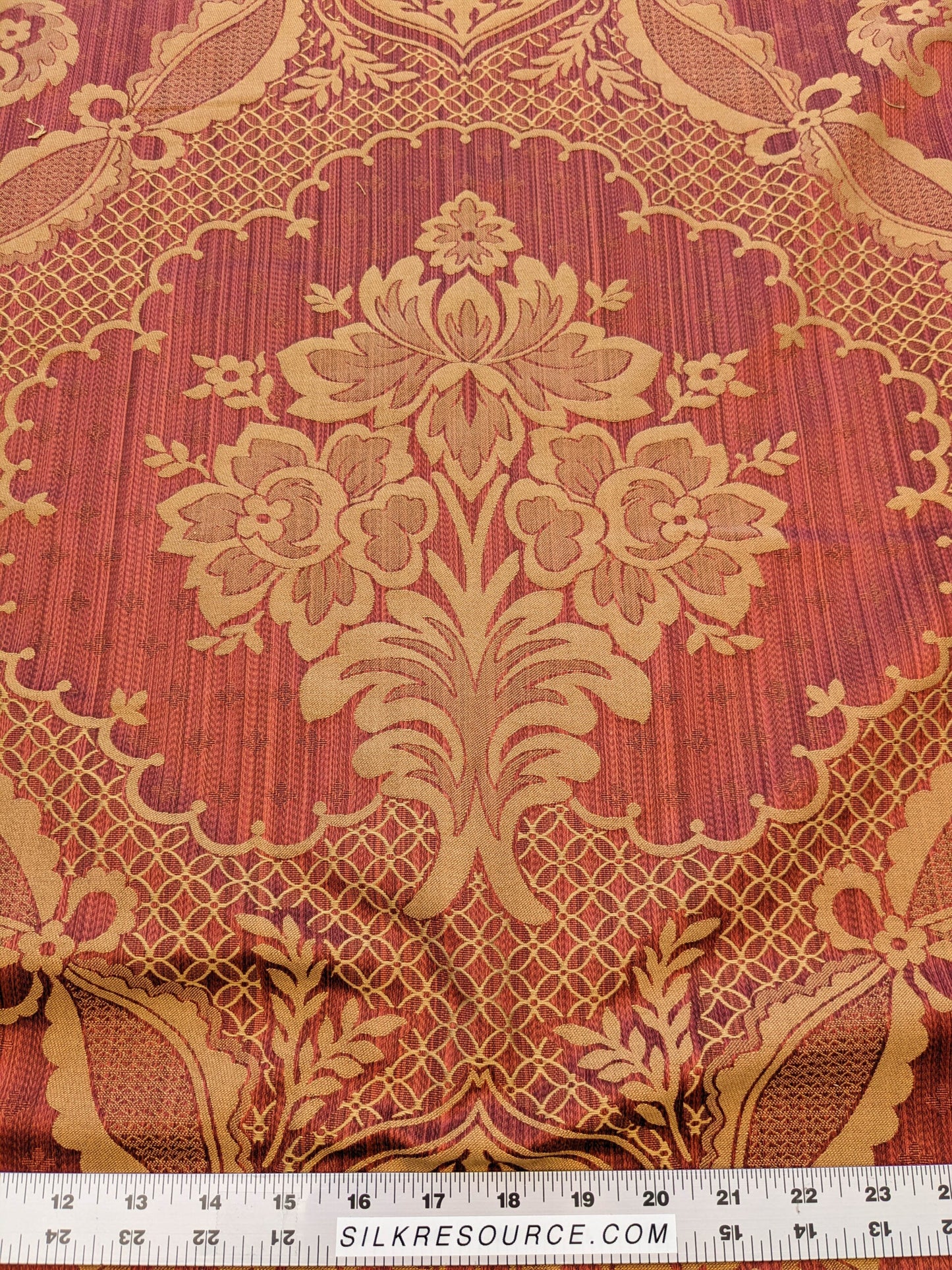 Scalamandre Bosfo Damask Red/ Gold Cotton Strie Damask Rose Greek Urn Medallion MSRP USD 284/y