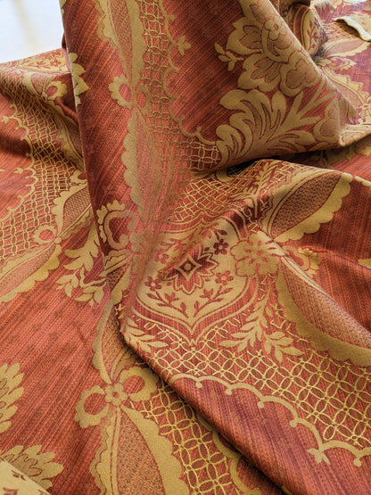 Scalamandre Bosfo Damask Red/ Gold Cotton Strie Damask Rose Greek Urn Medallion MSRP USD 284/y