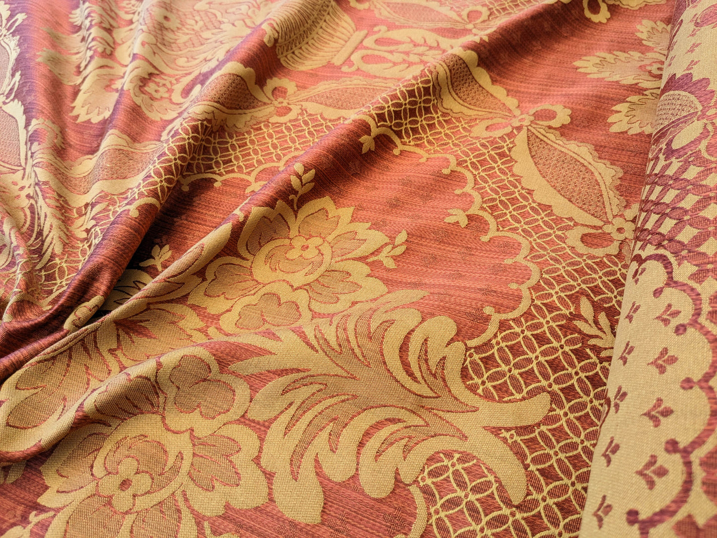 Scalamandre Bosfo Damask Red/ Gold Cotton Strie Damask Rose Greek Urn Medallion MSRP USD 284/y