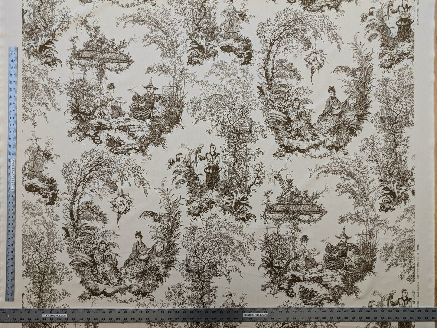 Scalamandre Scene Chinoise Tan Brown Beige Historic Chinoiserie Toile Garden Birds Music MSRP USD 208/y