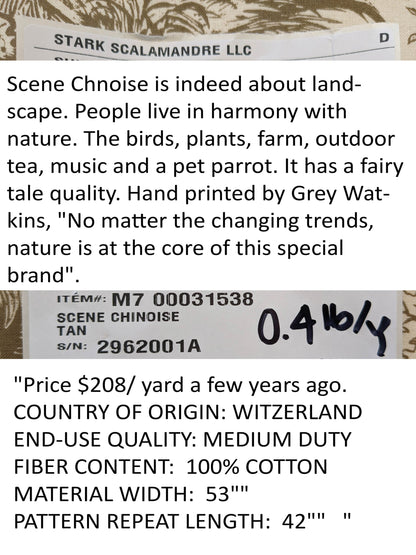 Scalamandre Scene Chinoise Tan Brown Beige Historic Chinoiserie Toile Garden Birds Music MSRP USD 208/y
