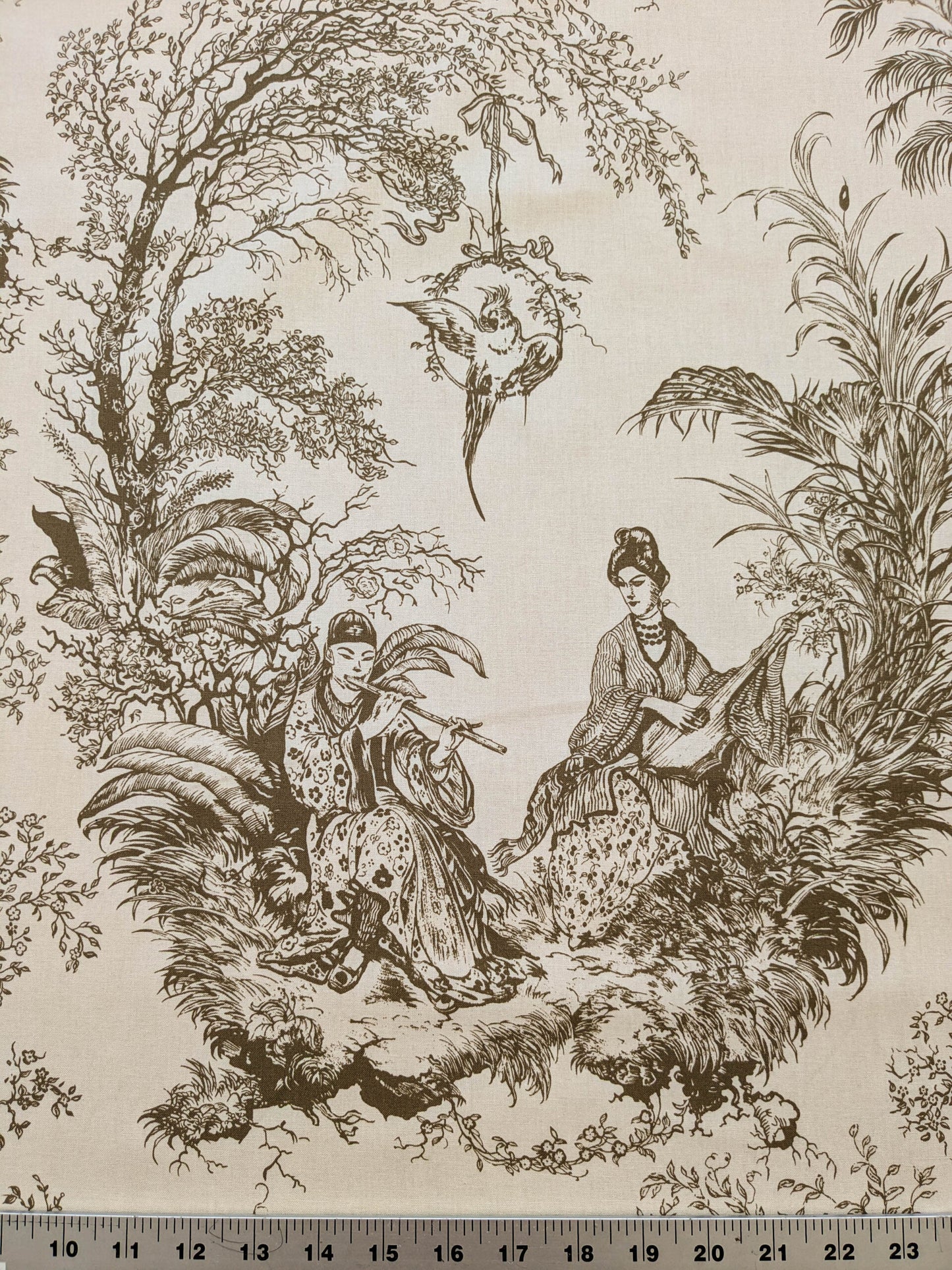 Scalamandre Scene Chinoise Tan Brown Beige Historic Chinoiserie Toile Garden Birds Music MSRP USD 208/y