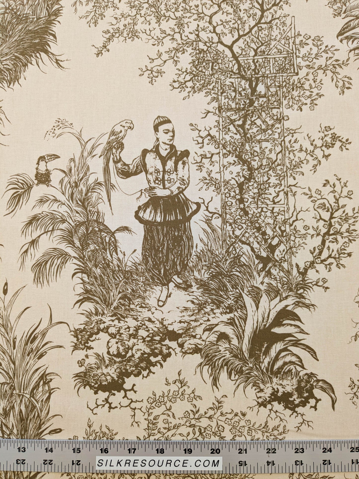 Scalamandre Scene Chinoise Tan Brown Beige Historic Chinoiserie Toile Garden Birds Music MSRP USD 208/y