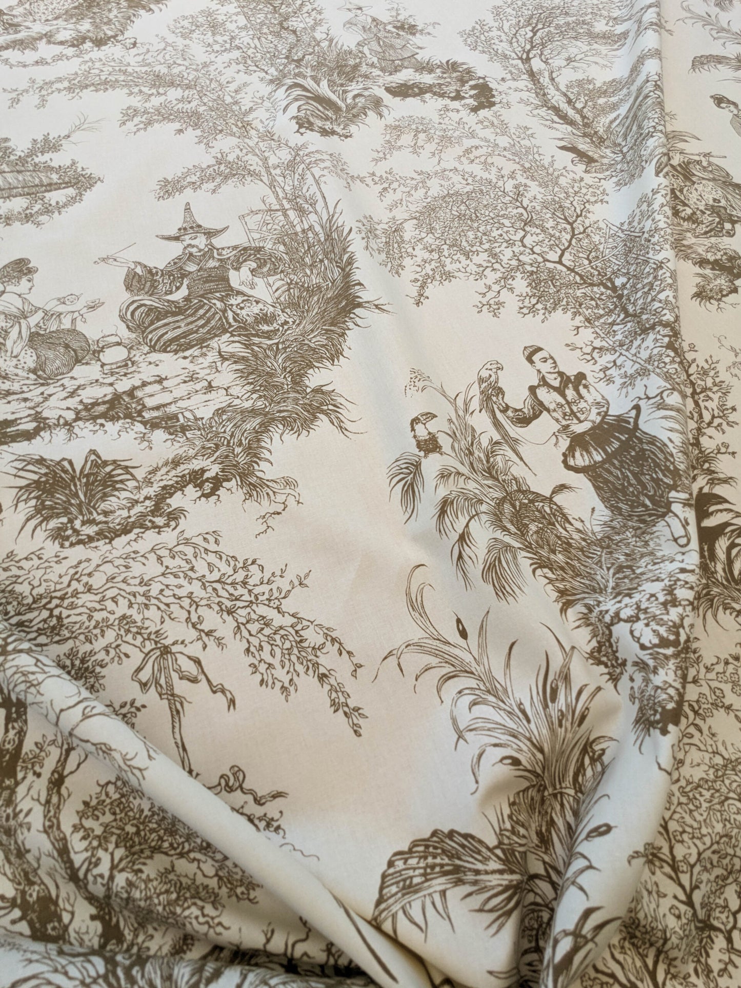 Scalamandre Scene Chinoise Tan Brown Beige Historic Chinoiserie Toile Garden Birds Music MSRP USD 208/y