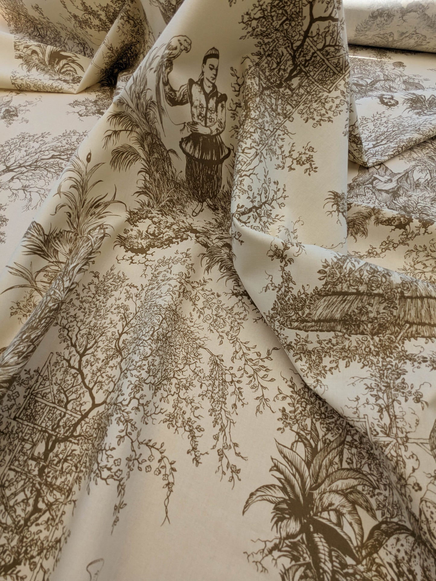 Scalamandre Scene Chinoise Tan Brown Beige Historic Chinoiserie Toile Garden Birds Music MSRP USD 208/y