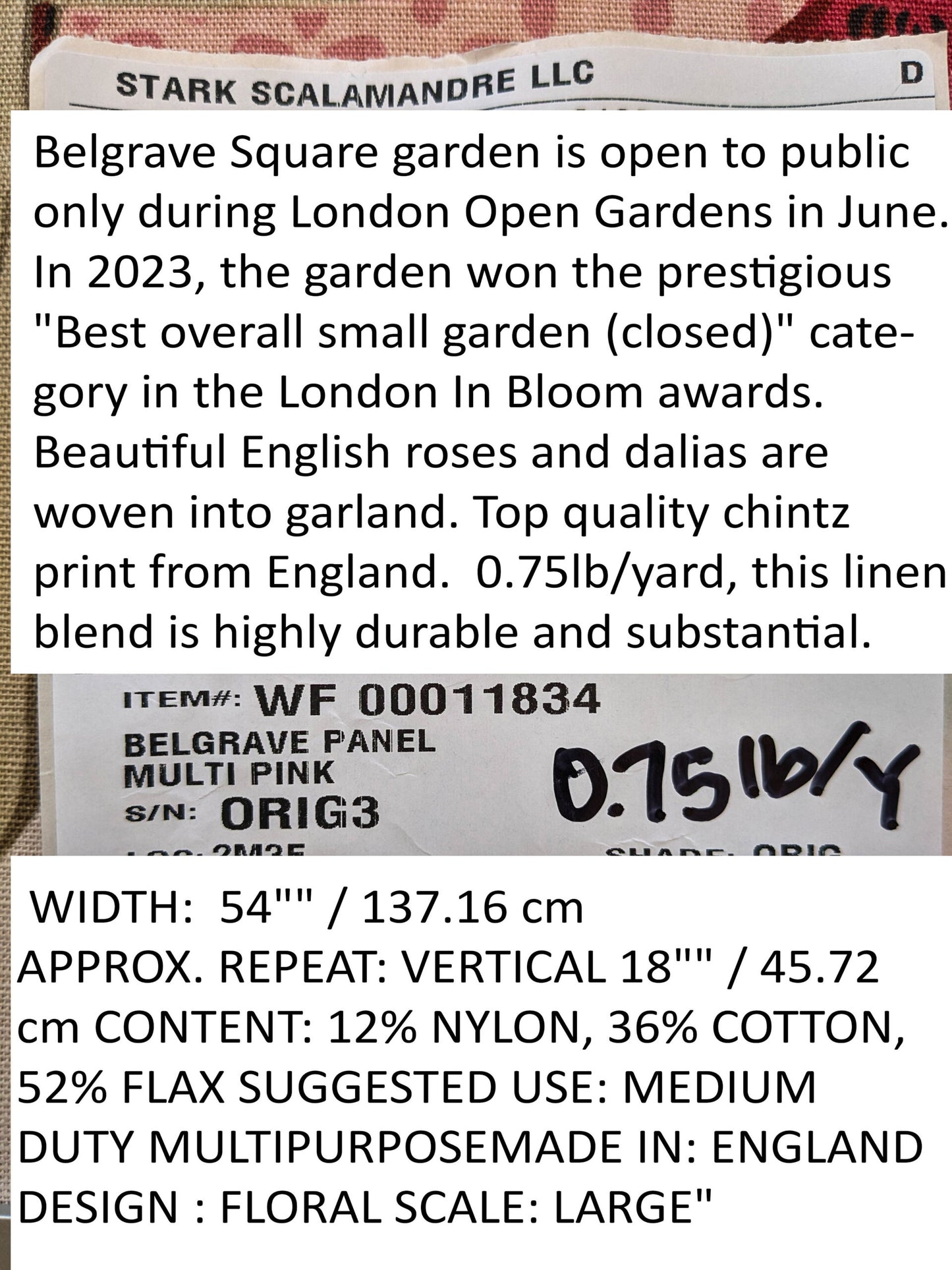 Scalamandre Belgrave Panel Multi Pink Red Green White Floral Large Scale MSRP USD 170/y