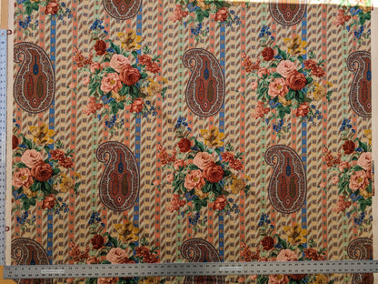 Scalamandre Rosalia Rose-Blue on Beige Cotton Floral Paisley Stripe MSRP USD 220/y