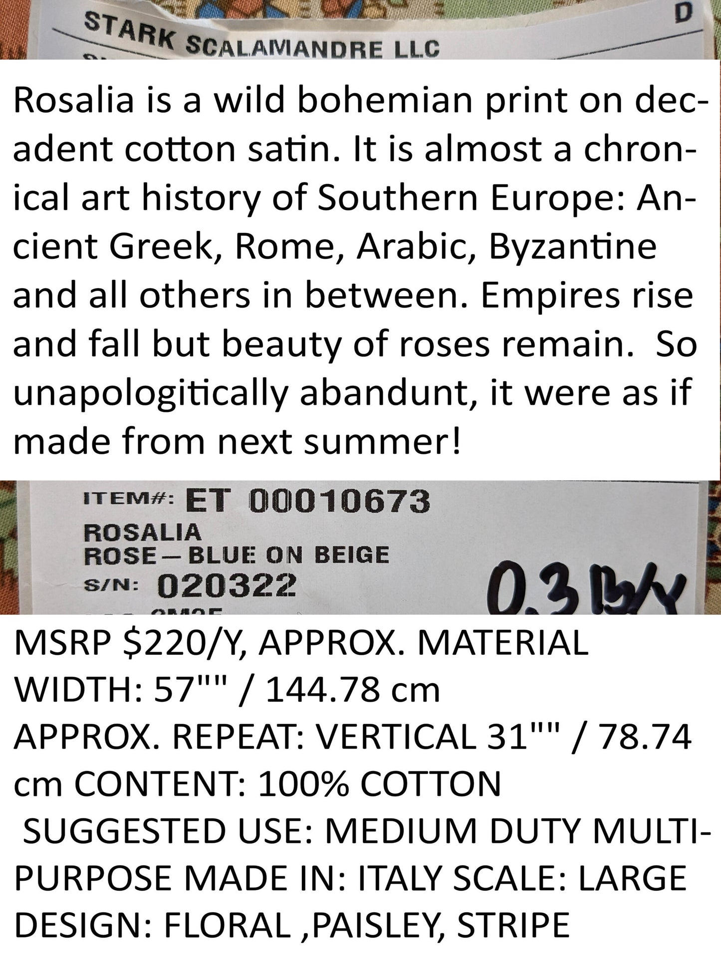 Scalamandre Rosalia Rose-Blue on Beige Cotton Floral Paisley Stripe MSRP USD 220/y