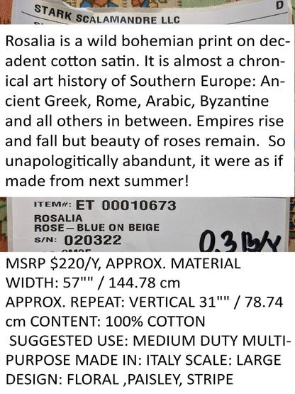 Scalamandre Rosalia Rose-Blue on Beige Cotton Floral Paisley Stripe MSRP USD 220/y