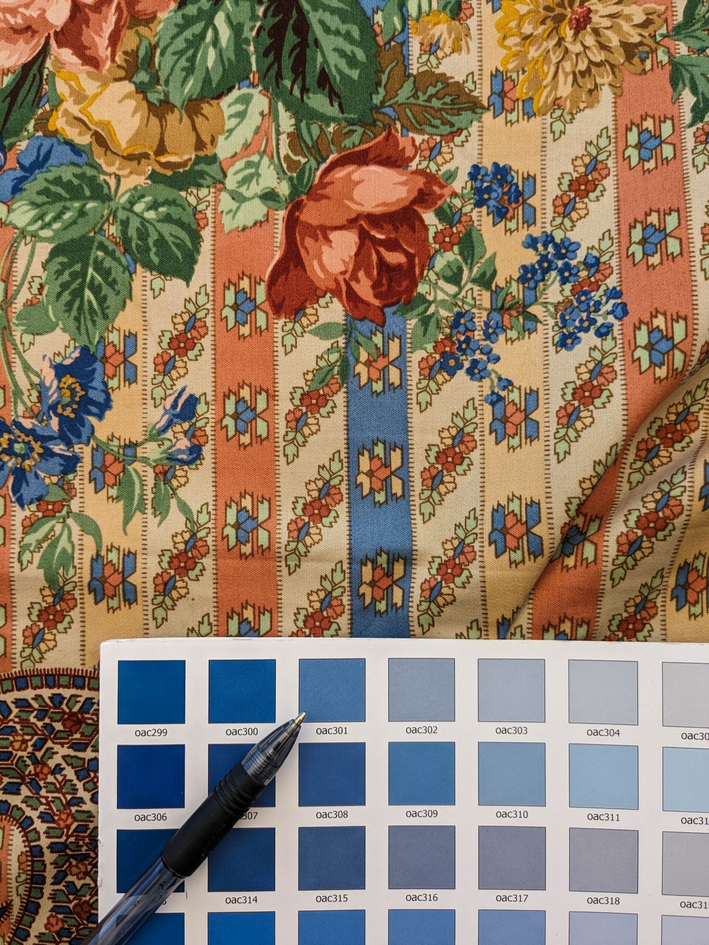 Scalamandre Rosalia Rose-Blue on Beige Cotton Floral Paisley Stripe MSRP USD 220/y