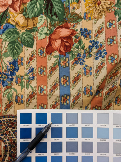 Scalamandre Rosalia Rose-Blue on Beige Cotton Floral Paisley Stripe MSRP USD 220/y