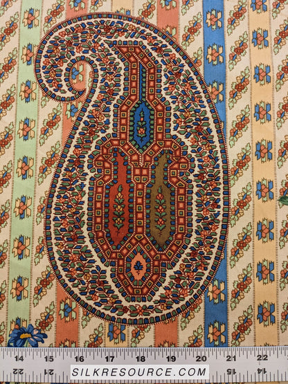 Scalamandre Rosalia Rose-Blue on Beige Cotton Floral Paisley Stripe MSRP USD 220/y