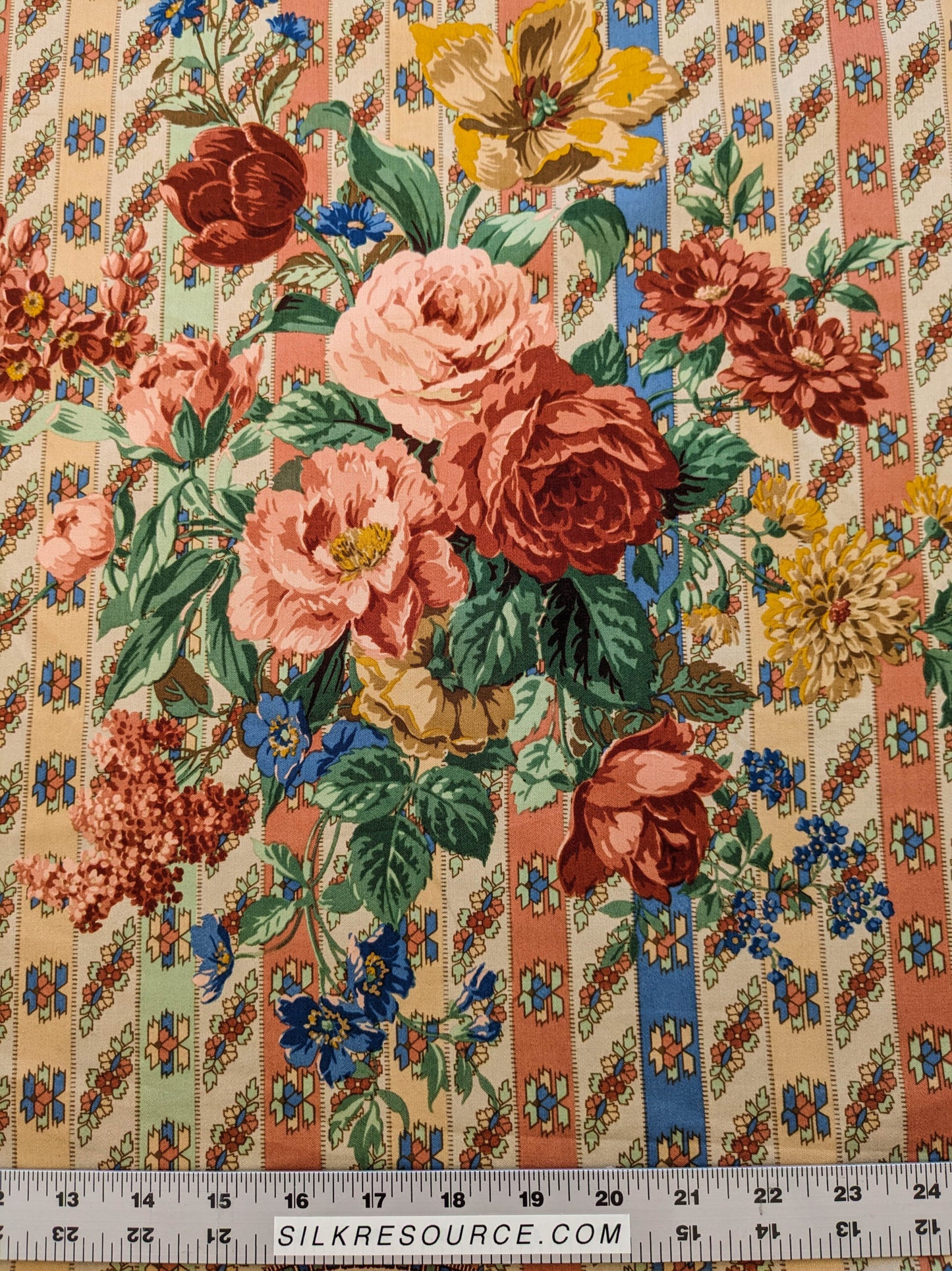 Scalamandre Rosalia Rose-Blue on Beige Cotton Floral Paisley Stripe MSRP USD 220/y