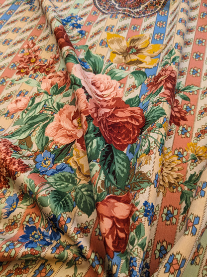 Scalamandre Rosalia Rose-Blue on Beige Cotton Floral Paisley Stripe MSRP USD 220/y