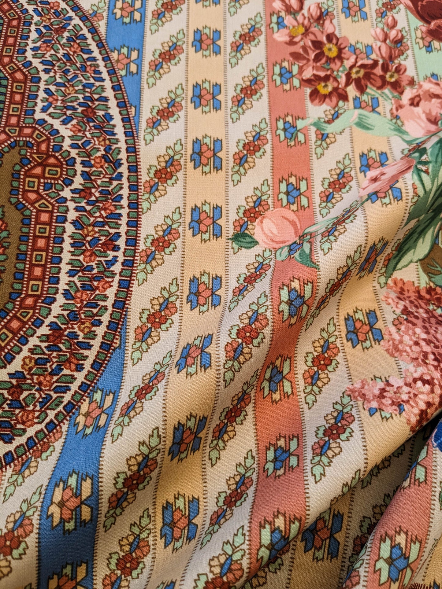 Scalamandre Rosalia Rose-Blue on Beige Cotton Floral Paisley Stripe MSRP USD 220/y