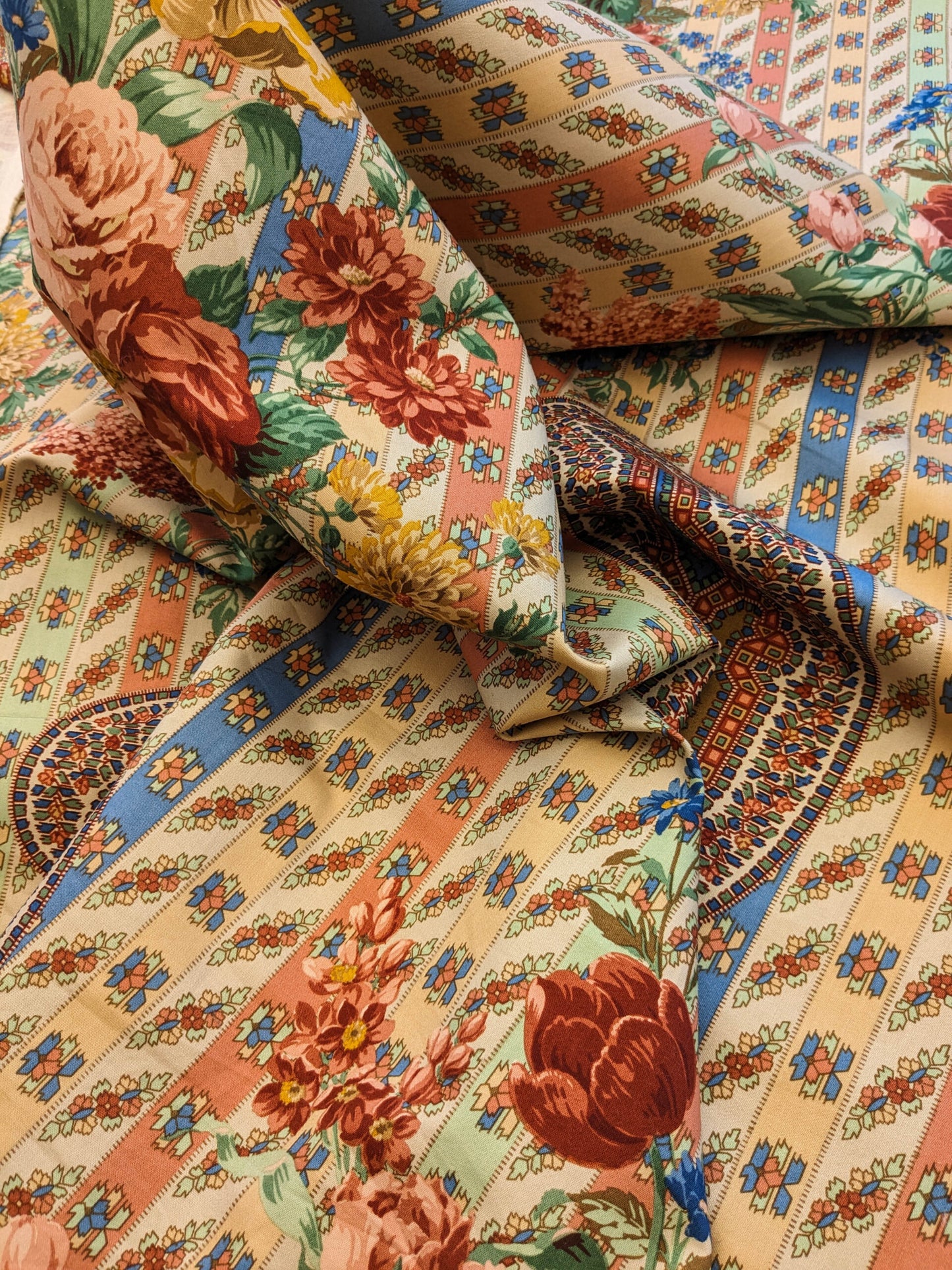 Scalamandre Rosalia Rose-Blue on Beige Cotton Floral Paisley Stripe MSRP USD 220/y