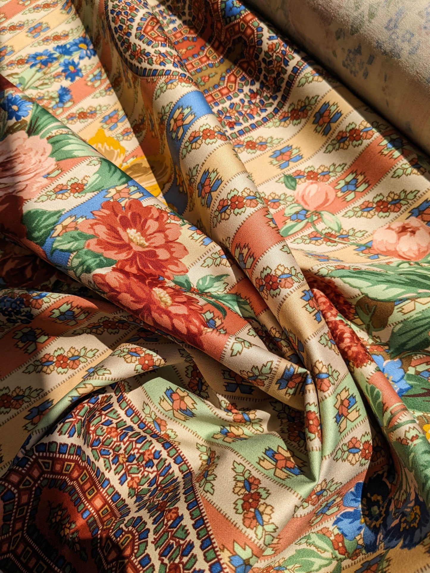 Scalamandre Rosalia Rose-Blue on Beige Cotton Floral Paisley Stripe MSRP USD 220/y