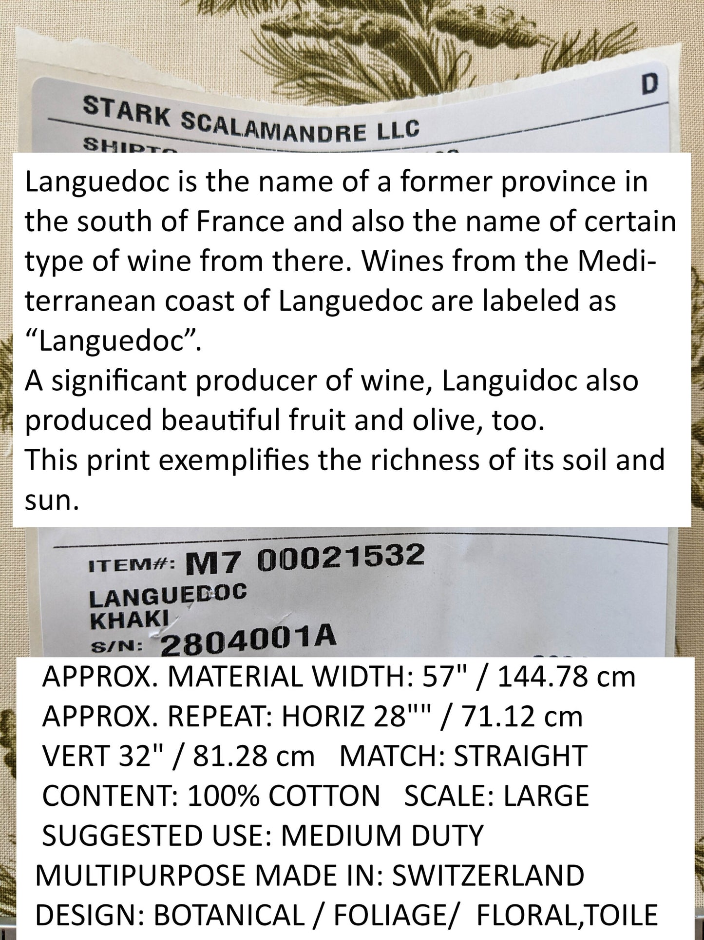 by yard Scalamandre Grey Watkins Languedoc Khaki Beige Green Botanic Fern and Thistle Southern France Toile Circa 1790 MSRP USD 364/y